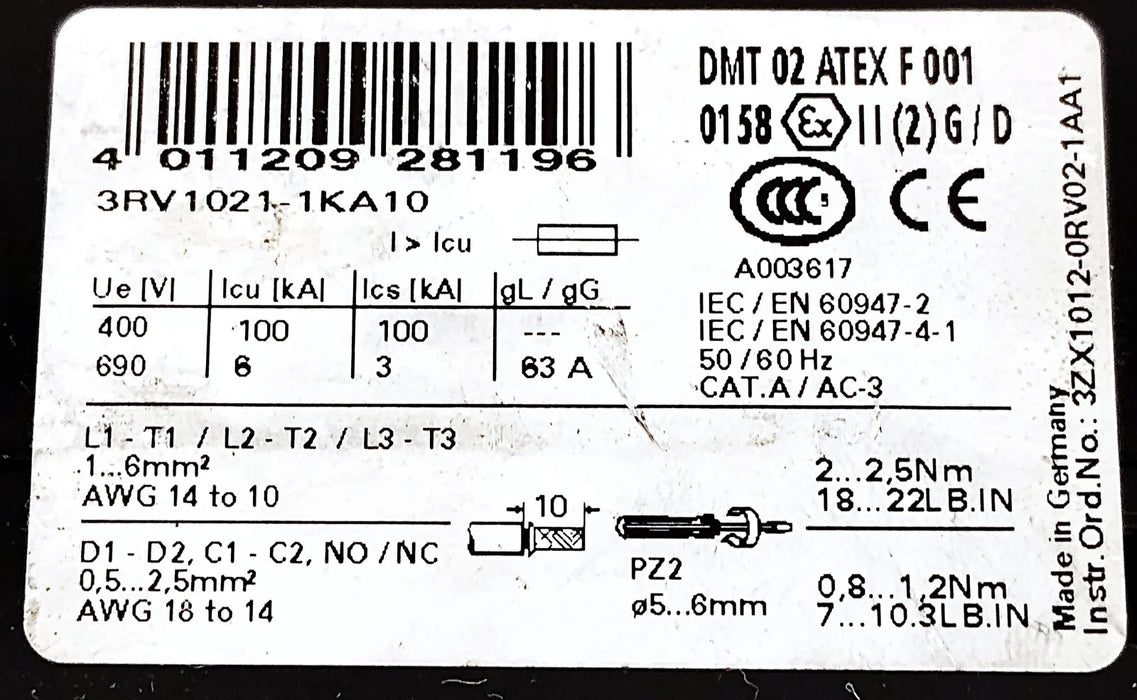 Siemens 3RV1021-1KA10 400/690 V 9/12.5 A Circuit Breaker w/ Motor Protection