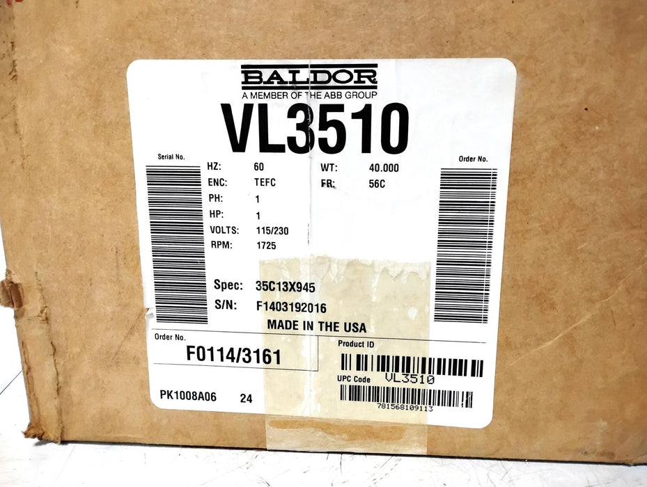 Baldor VL3510 115/230 V 1 PH 1 HP 1725 RPM General Purpose Motor