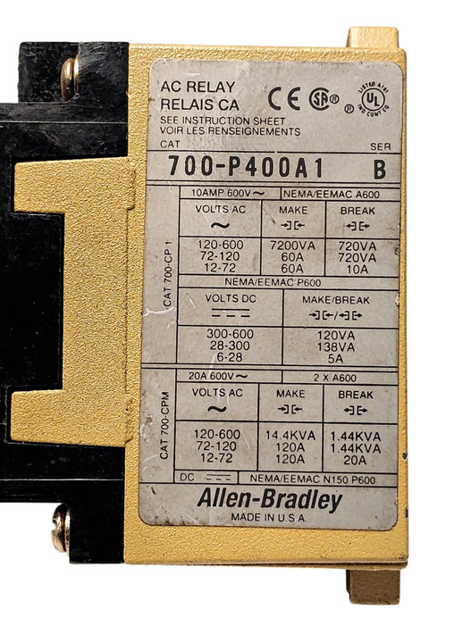 Allen-Bradley 700-P400A1 Series B 600 V AC 10 A Relay w/ 115/120 V AC Coil