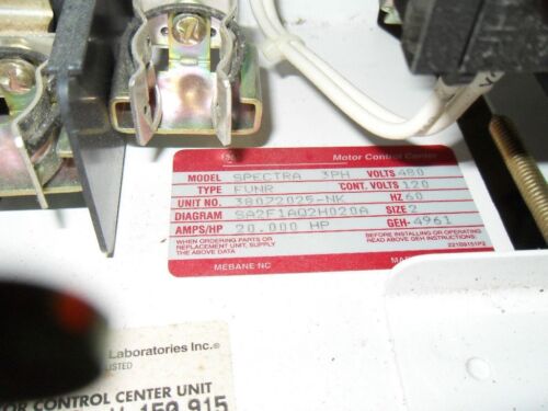GE SPECTRA FVNR 20HP 3PH MOTOR CONTROL CENTER