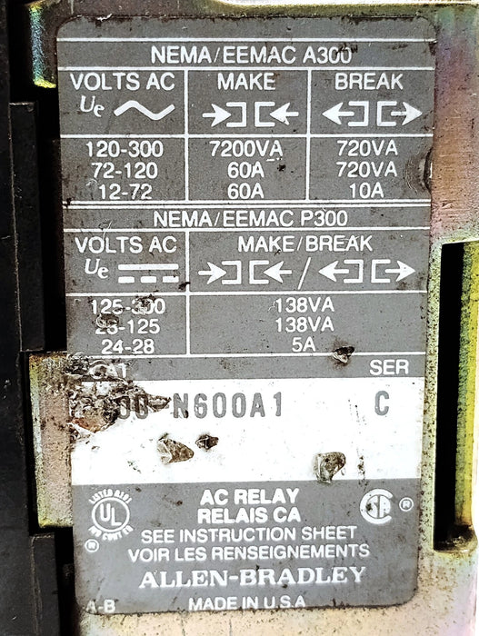 Allen-Bradley 700-N600A1 Series C 300 V AC 10 A Relay w/ 110-120 V AC Coil