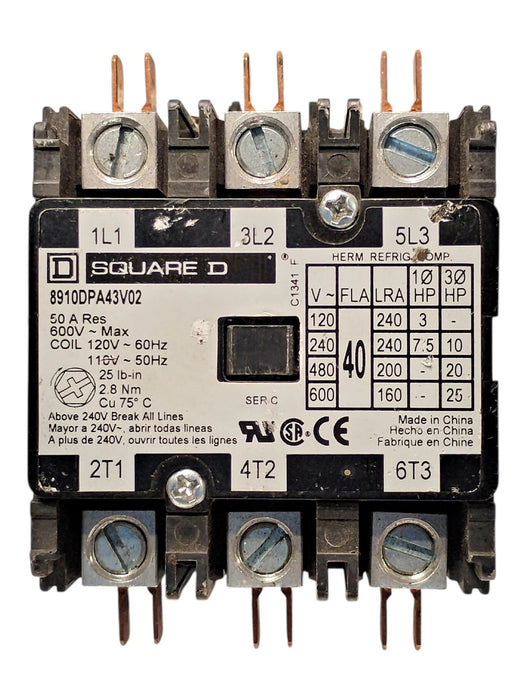 Square D 8910-DPA43-V02 40 FLA Definite Purpose Contactor w/ 110/120 V AC Coil