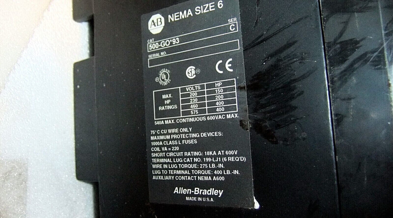 Allen-Bradley Contactor Size 6 500-GOB930 440/480 V Coil