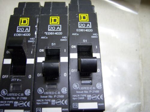 Lot of 3 Square D Circuit Breakers EDB14020 1P 20A 277 VAC