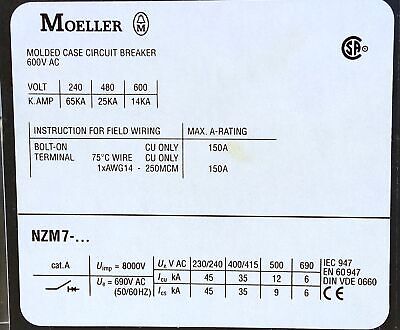 Moeller NZM7-40N-NA 480 VAC 40 A Molded Case Circuit Breaker