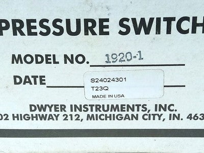 Dwyer 1920-1 45 in WC 10 psi 125/250/480 V AC 15 A Diaphragm Pressure Switch