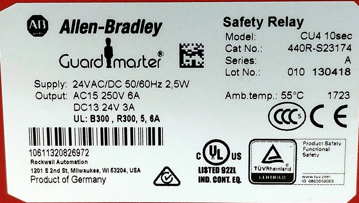 Allen-Bradley 440R-S23174 CU4 10SEC Ser A 24 VAC/DC Safety Relay w/ Delay Output