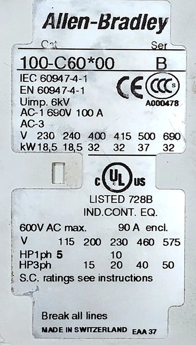 Allen-Bradley 100-C60D00 Series B 60A 3-Pole IEC Contactor w/ 110/120 V AC Coil