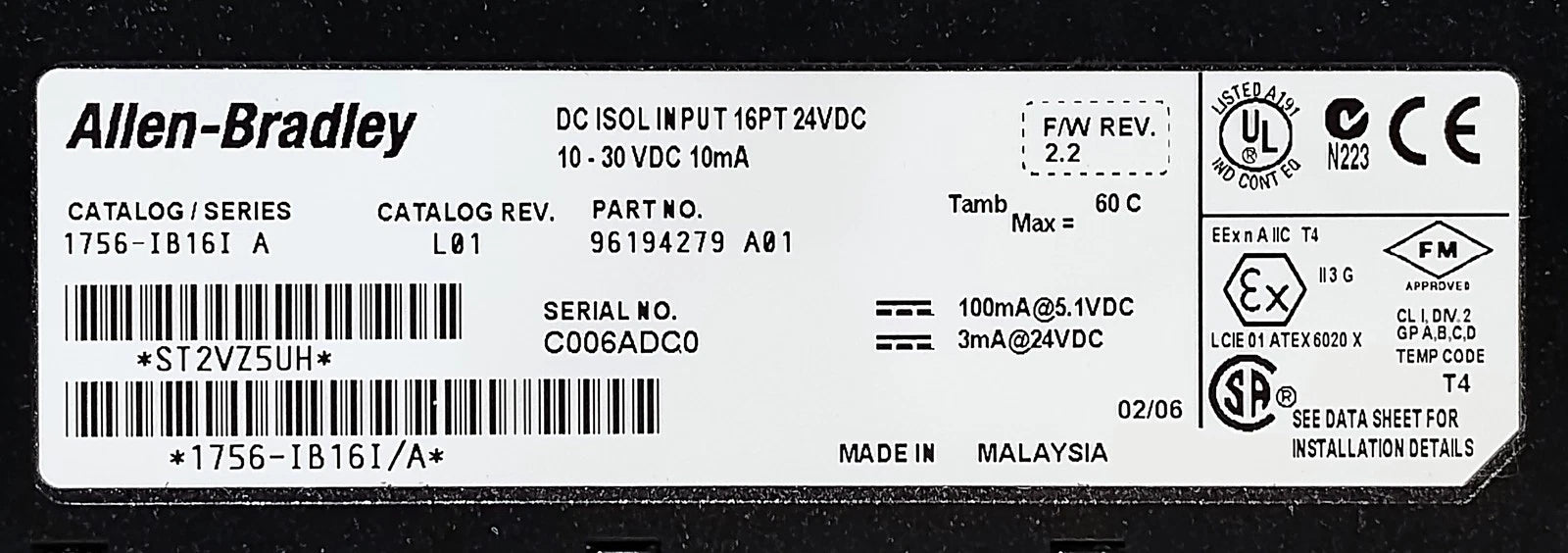 Allen-Bradley 1756-IB16I Ser A Rev L01 Fw Rev 2.2 10-30 V DC PLC Input Module