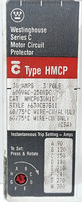 Westinghouse HMCP030H1C Ser C 600VAC/250VDC 30A 3-Pole Motor Circuit Protector