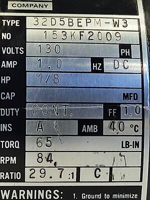 Bodine 32D5BEPM-W3 153KF2009 130 V 1 A 1/8 HP 84 RPM 27.9:1 DC Gearmotor