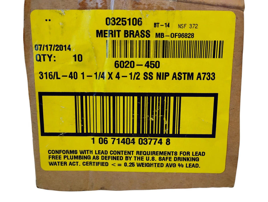 Merit Brass 6020-450 1-1/4" x 4-1/2" L MNPT Sch 40 316 SS Pipe Nipple