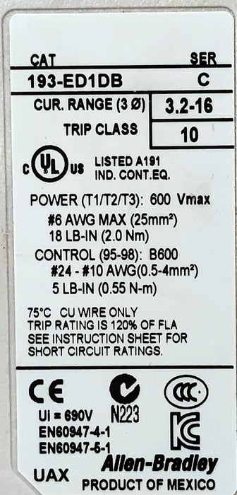 Allen-Bradley 193-ED1DB Ser C 600 V AC 3.2-16 A Overload Relay for Contactors