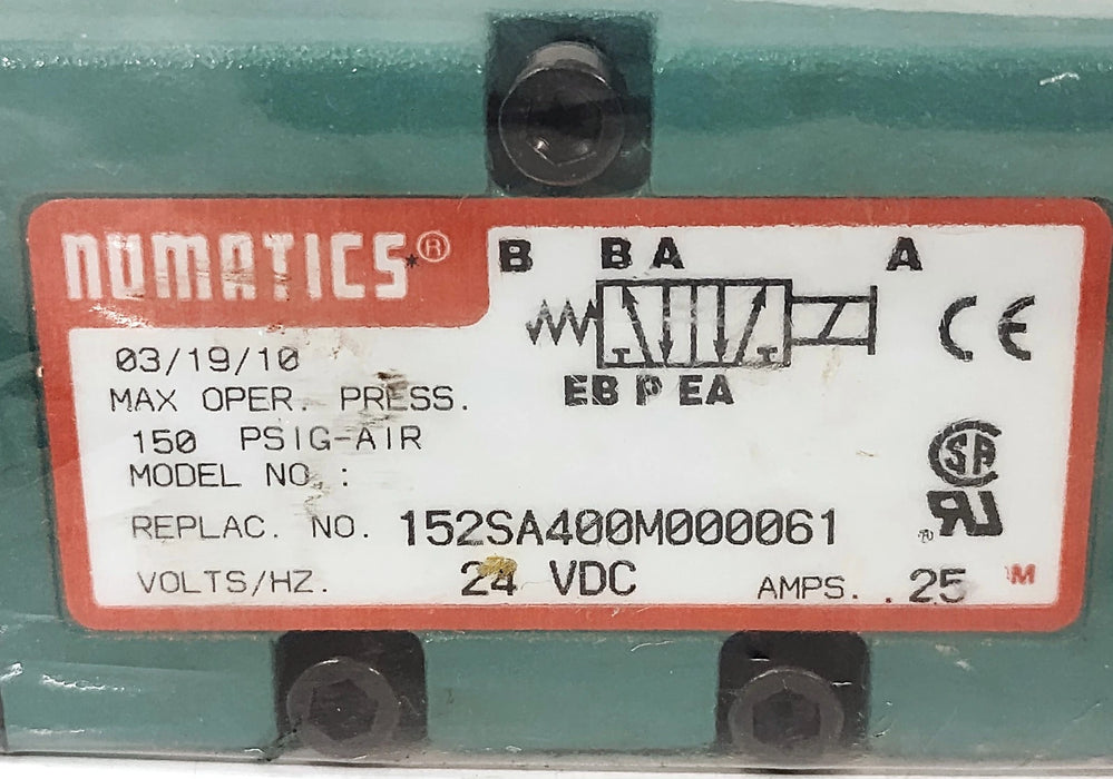 Numatics 152SA400M000061 Pneumatic Solenoid Valve w/ 24VDC Coil and 1/4 in Ports