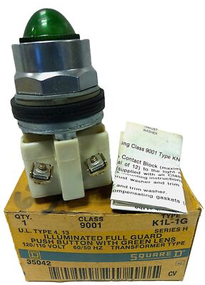 Square D 9001-K1L-1G Illuminated Full Guard Pushbutton w/ 110/120 V Transformer