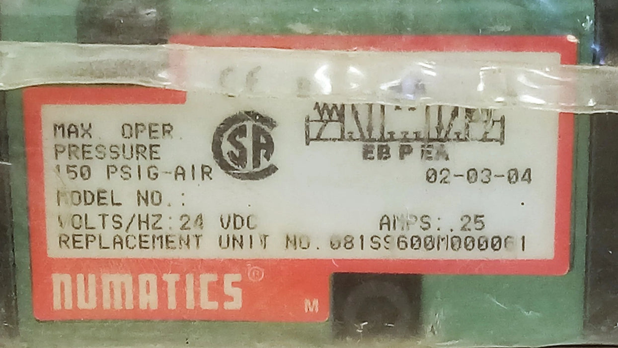 Numatics 081SS600M000061 150 psi Solenoid Valve w/ 24 V DC Coils