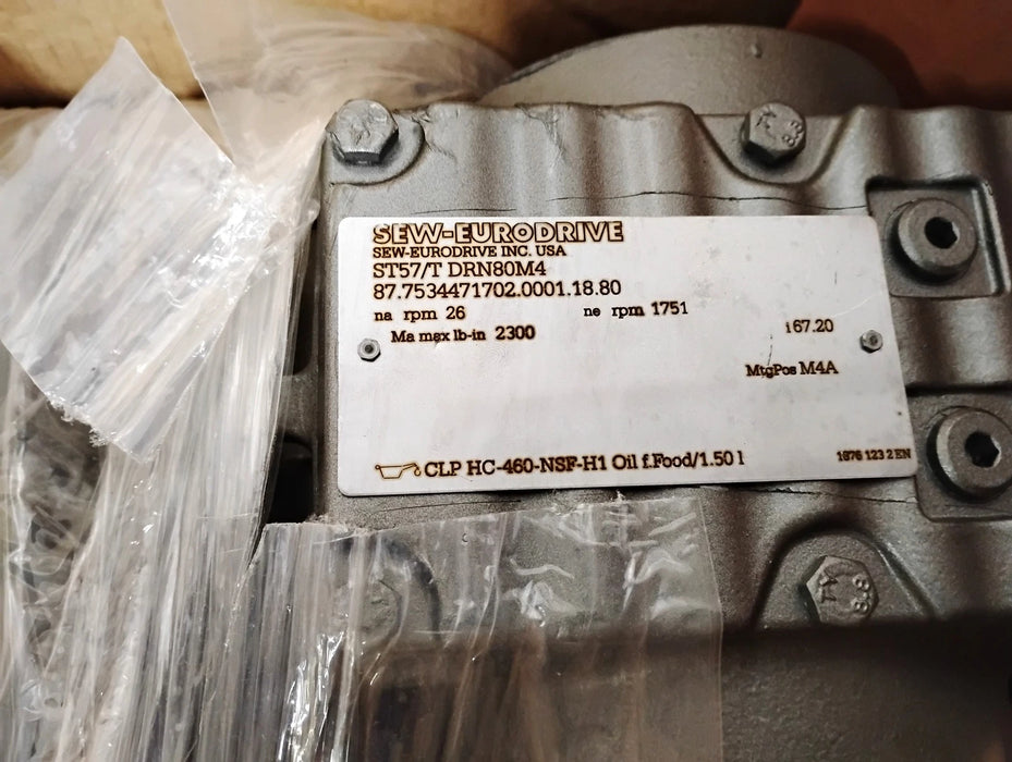 SEW Eurodrive ST57/T DRN80M4 230/460 V 1 HP 1751/26 RPM Gear Motor