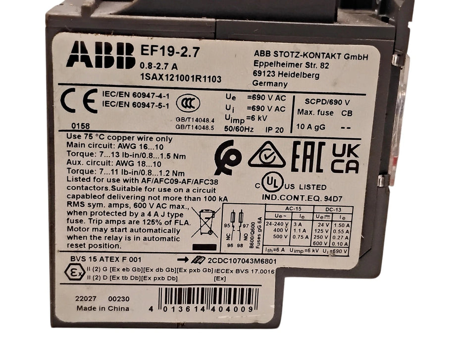 ABB EF19-2.7 690 V AC 0.8-2.7 A Electronic Overload Relay