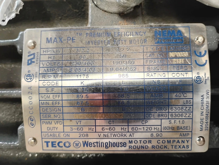 TECO Westinghouse NP0036 230/460 V 1175 RPM 3 HP 213T MAX-PE Inverter Duty Motor
