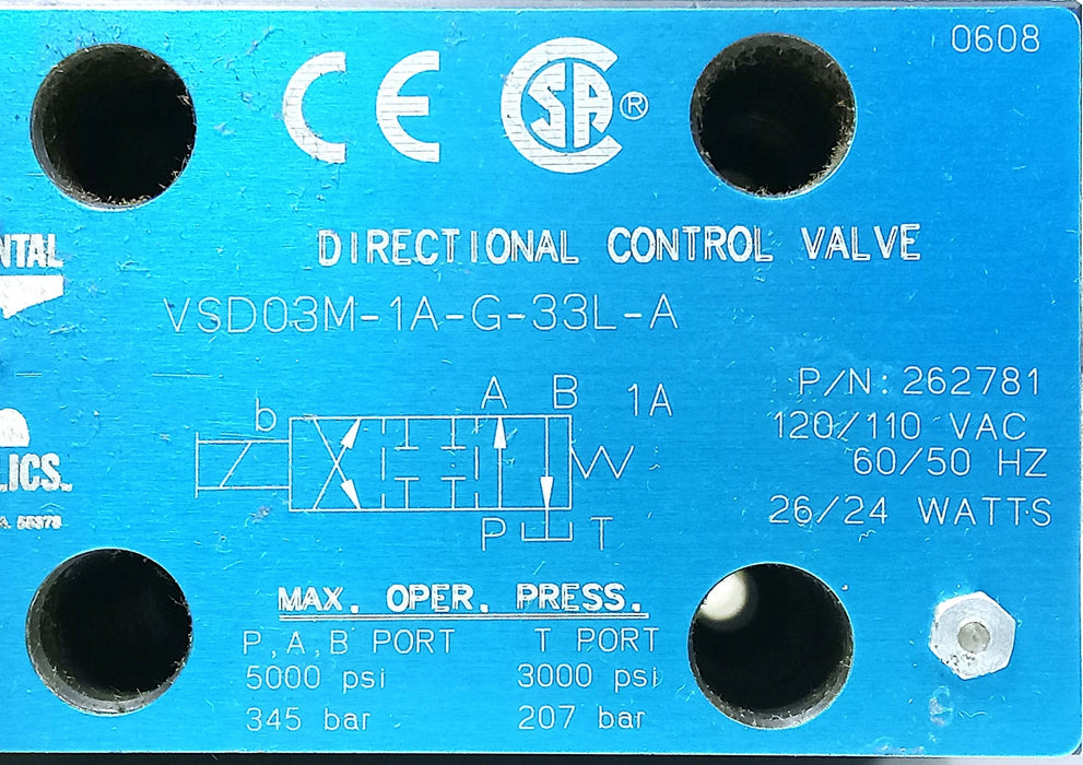 Continental Hydraulics VSD03M-1A-G-33L-A 110/120 V AC 5000 psi Solenoid Valve