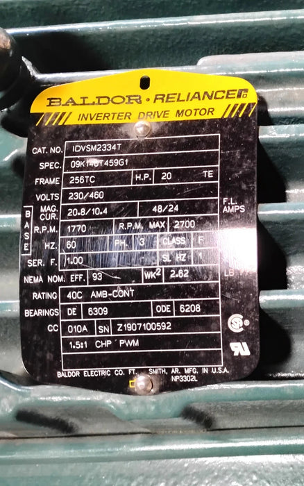 Baldor IDVSM2334T 230/460 V 20 HP 1770 RPM Inverter Drive Motor