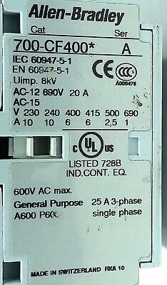 Allen-Bradley 700-CF400D 600 V 20 A IEC Contactor w/ 110/120 V AC Coil