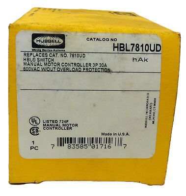 Hubbell HBL7810UD 600 V AC 30 A 3 Pole Open Type Manual Motor Starter Switch