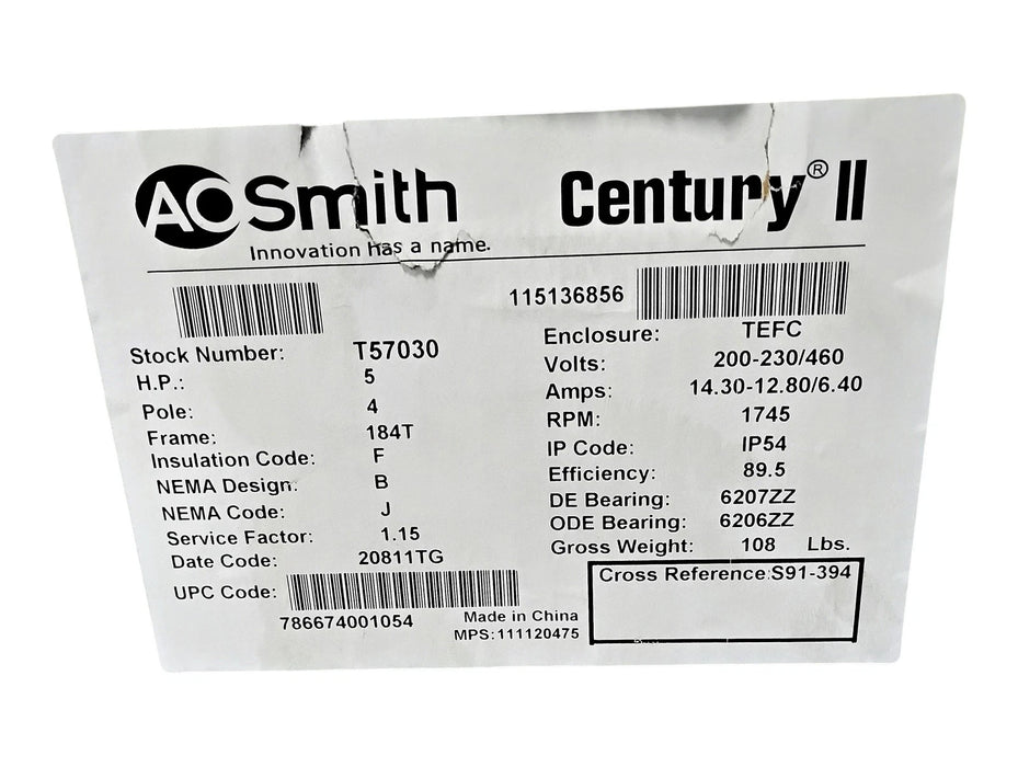 AO Smith Century T57030 200-230/460 V 5 HP 1745 RPM Motor