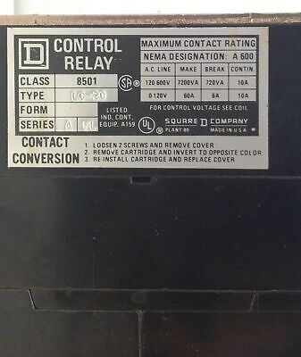 Square D 8501-L020 110/120 V 2NO/2NC NEMA A600 AC Magnetic Control Relay