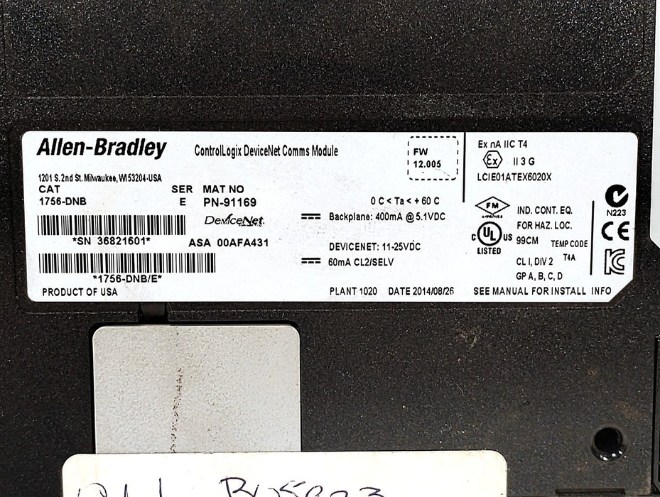 Allen-Bradley 1756-DNB Ser E F/W Rev 12.005 24 VDC Digital PLC Module No Cat Rev
