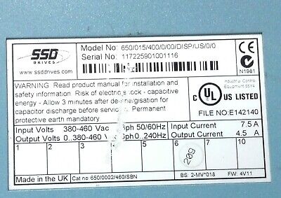 SSD Drives 650/015/400/0/00/DISP/US/0/0 380 - 460 V AC 3 PH Inverter Drive