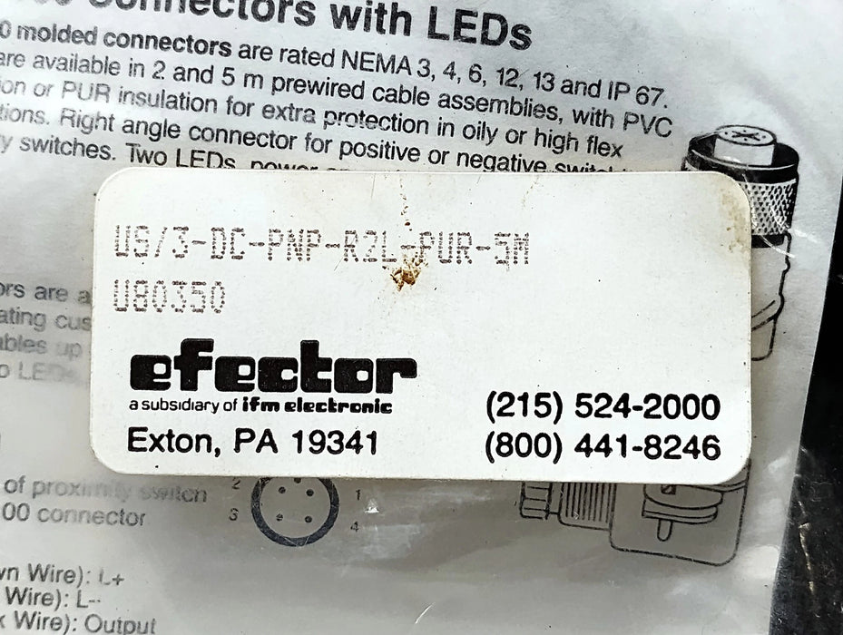 Efector US/3-DC-PNP-R2L-PUR-5M U80350 PLC Cable w/ One 4-Pin Female Connector