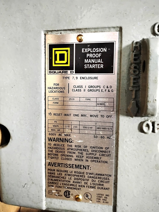 Square D 2510MBR2 600 V AC 3 PH 3 P 5 HP NEMA 7/9 Explosion Proof Manual Starter