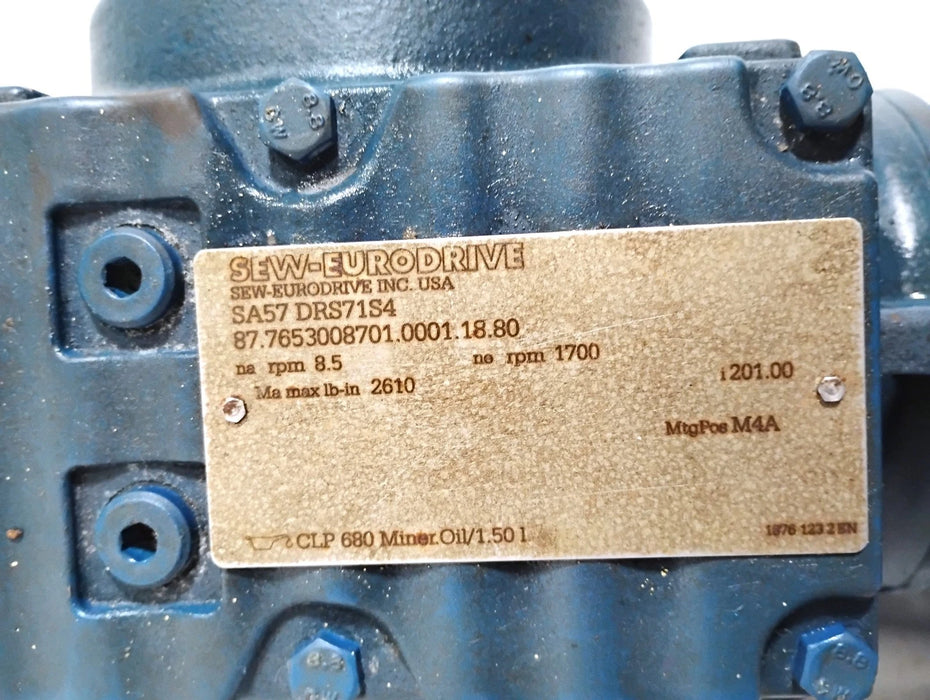 SEW Eurodrive SA57 DRS71S4 87.7653008701.0001.18.80 8.5-1700 RPM 0.5HP Gearmotor