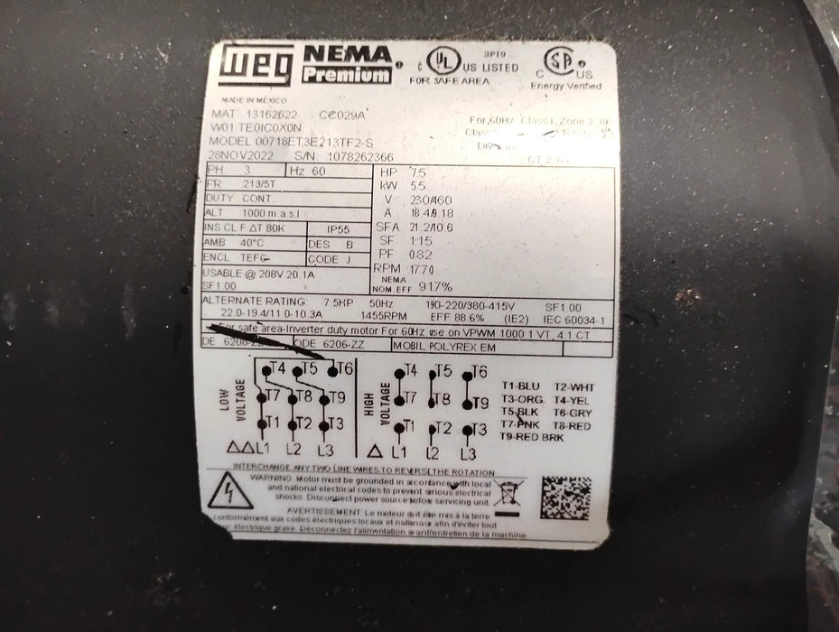 Weg 00718ET3E213TF2-S 208-230/460 V 7.5 HP 1770 RPM 213/5T Motor