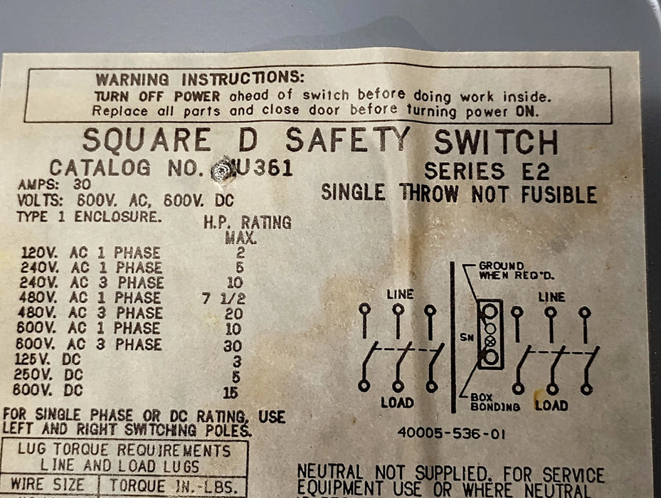 Square D HU31 Series E2 600 V AC/DC 30 A Non-Fusible Safety Switch