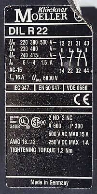 Klockner Moeller DILR-22 Control Relay with 110/120V Coil