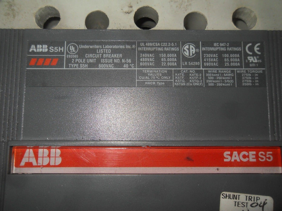 ABB SACES5 S5H Circuit Breaker 400A 2Pole 600V