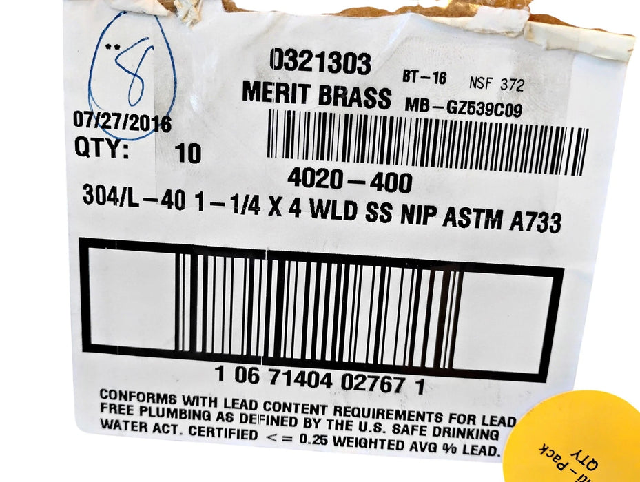 Merit Brass 4020-400 1-1/4" x 4" L MNPT Sch 40 304 Stainless Steel Pipe Nipple
