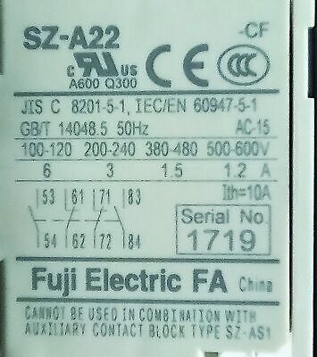 Fuji Electric SC-E02P 9 A Contactor w/ 120 VAC Coil and SZ-A22 Auxiliary Contact