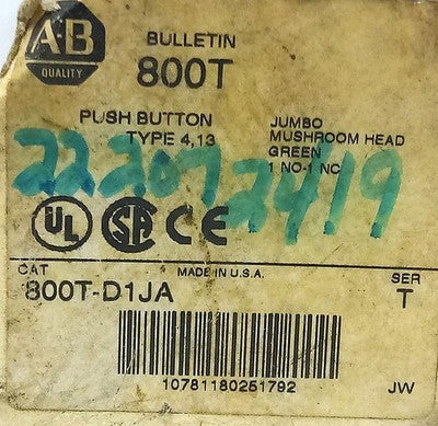 Allen-Bradley 800T-D1JA 30.5 mm Momentary Green Jumbo Mushroom Pushbutton