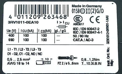 Siemens 3RV1011-0EA10 690 V .28-.4 A 3-Pole Circuit Breaker for Motor Protection