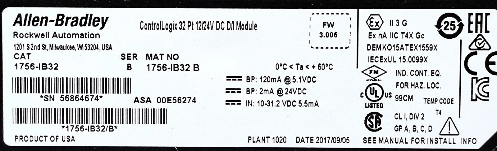 Allen-Bradley 1756-IB32 Ser B 10-30 V DC Digital PLC Input Module