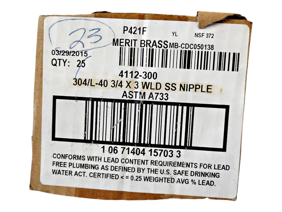Merit Brass 4012-300 4112-300 3/4" x 3" L MNPT Sch 40 304 SS Pipe Nipple