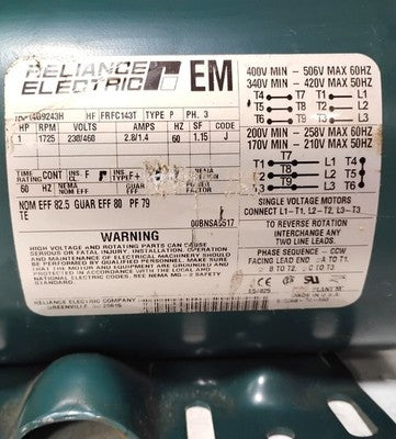 Reliance Electric RELIANCE ELECTRIC P14G9243 230/460 V AC 1720 RPM 1 HP Motor