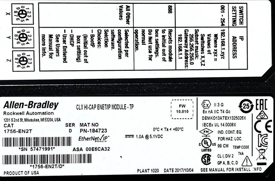 Allen-Bradley 1756-EN2T Ser D FW 10.010 PLC Ethernet Communication Module