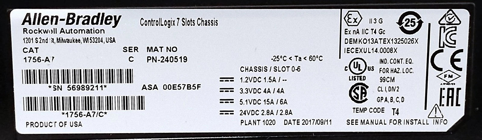 Allen-Bradley 1756-PB72 Ser C 24 V DC 75 W PLC Power Supply w/ 1756-A7 Chassis