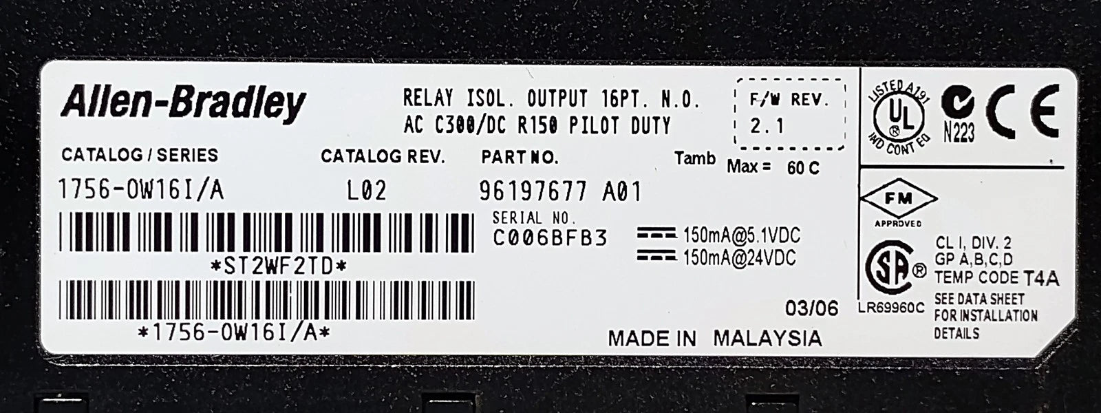 Allen-Bradley 1756-OW16I Ser A Rev L02 FW Rev 2.1 PLC Output Module