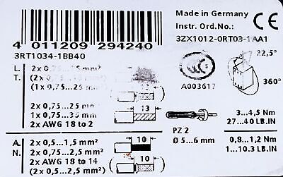 Siemens 3RT1034-1BB40 400V 32A 3 Pole Size 2 Contactor with 24 VDC Coil