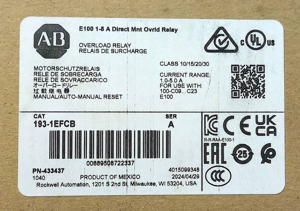Allen-Bradley 193-1EFCB 600VAC/300VDC 1-5 A Overload Protection Relay
